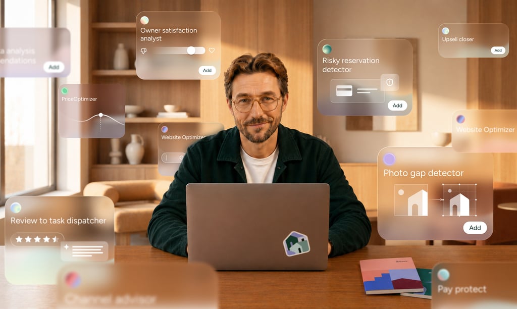 Professional property manager using AI property management software with data analytics holographic overlays.