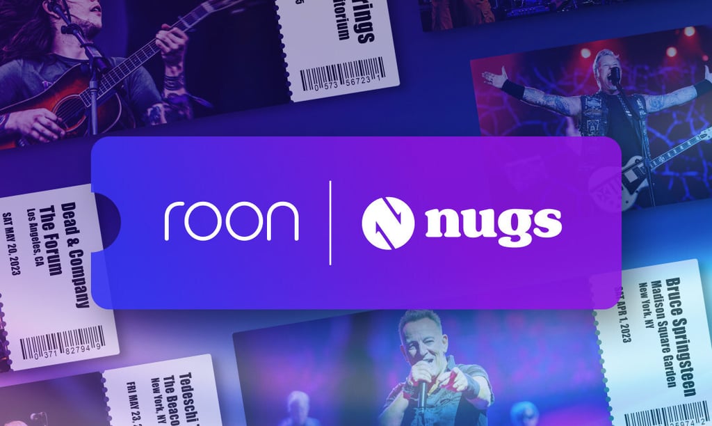 Roon and Nugs logo collaboration graphic featuring concert tickets and live music performance photos.