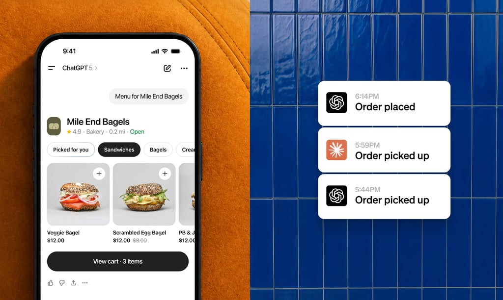 ChatGPT mobile app interface displaying bagel shop menu items and food delivery status notifications.