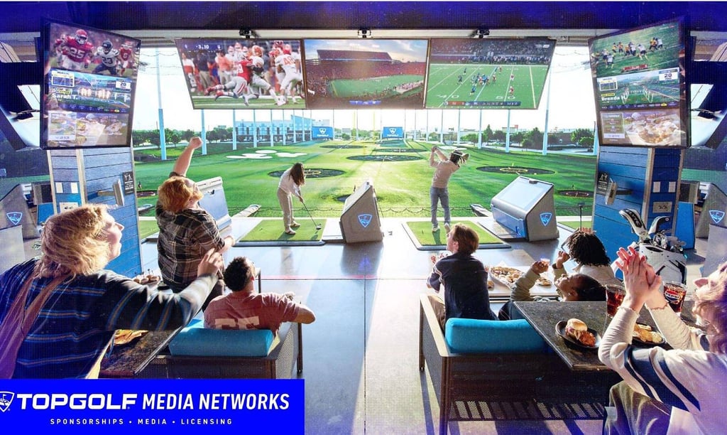 Friends playing Topgolf and watching football games on large TV screens in a sports bar atmosphere.