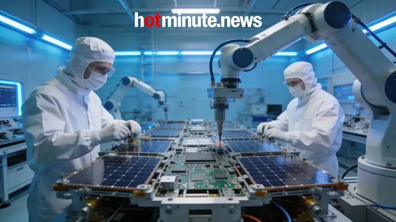 Tecnici specializzati in camera bianca a Forlì lavorano all'assemblaggio di componenti satellitari.