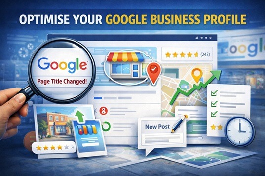 Google Business Profile optimisation with reviews, photos, and local SEO checklist on screen