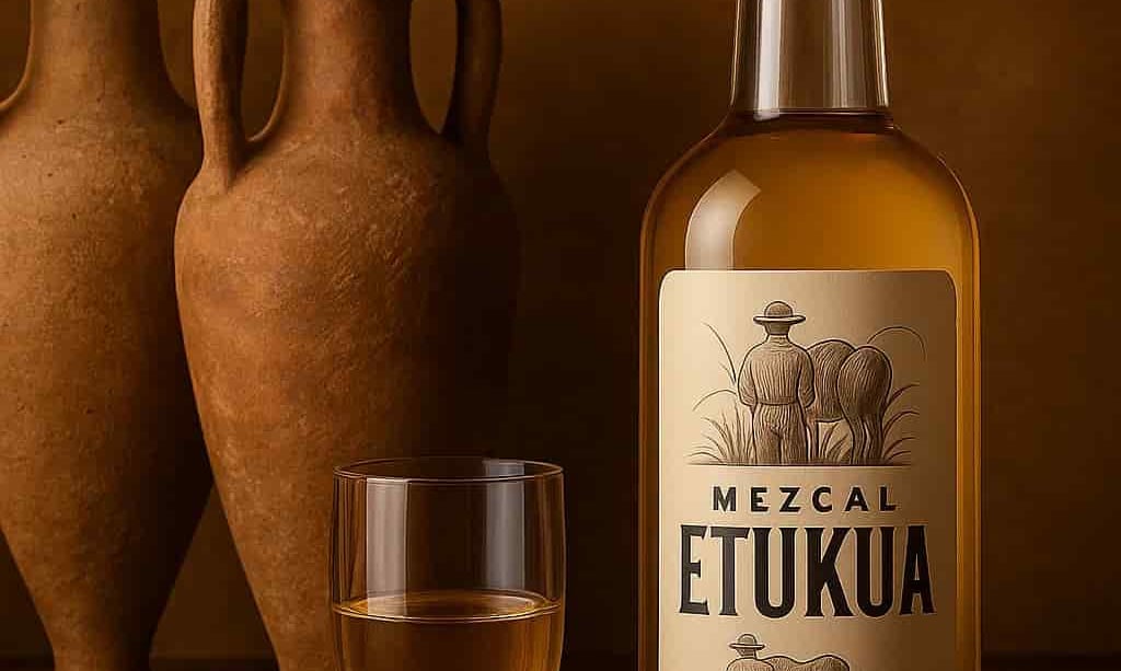  Anforas romanas antiguas junto a un vaso de mezcal artesanal Etukua, representando la conexión hist