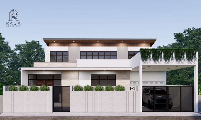 Hunian modern dua lantai dengan pencahayaan alami dan atap datar, rancangan Raga Architect untuk Mrs
