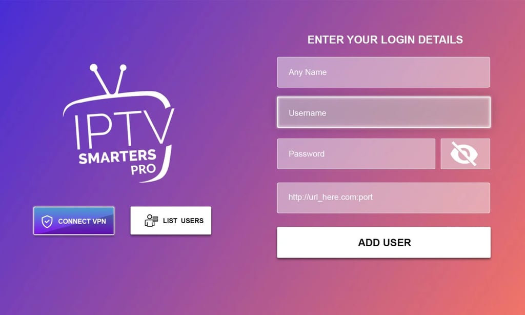IPTV Smarters Pro login screen with username and password fields on a purple gradient background.