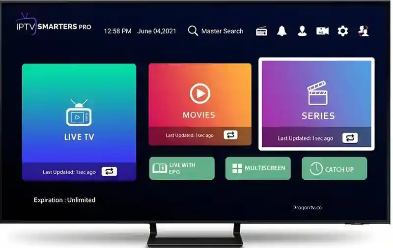 IPTV Smarters Pro dashboard on a smart TV displaying Live TV, Movies, and Series options.