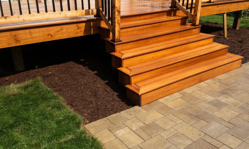 Escalier de terrasse en bois sur mesure avec transition vers pavés par M2 Paysage