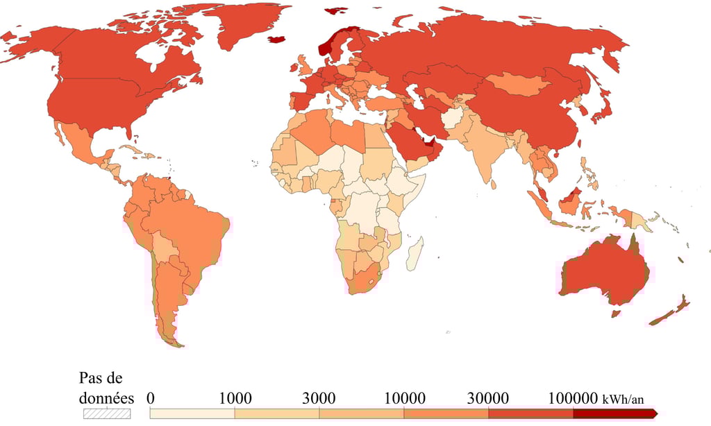 Carte mondiale de la consommation d'énergie par habitant et par pays