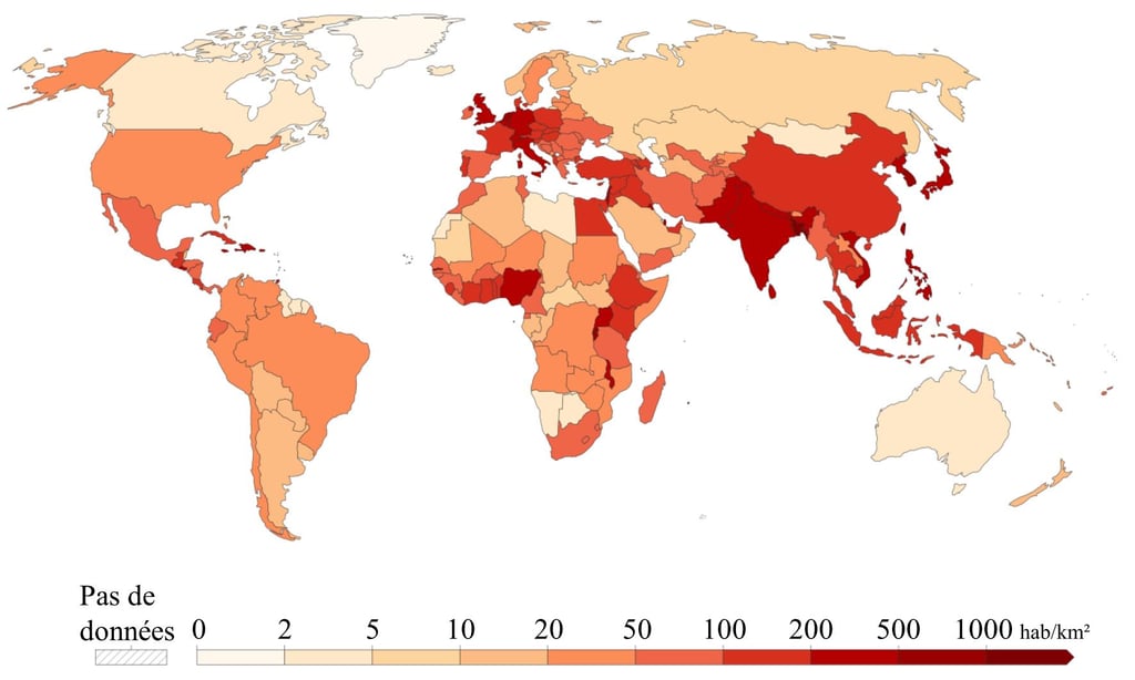 Carte de la densité de population par pays en 2025