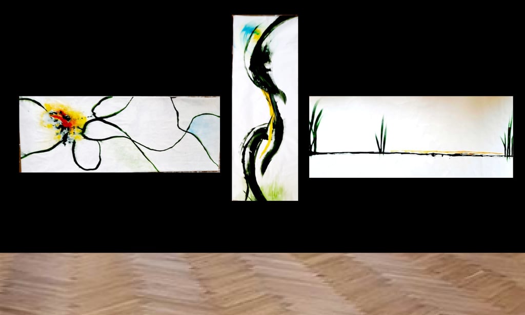 Émergences, ensemble de trois peintures abstraites contemporaines de Jacqueline Poitevin présentées