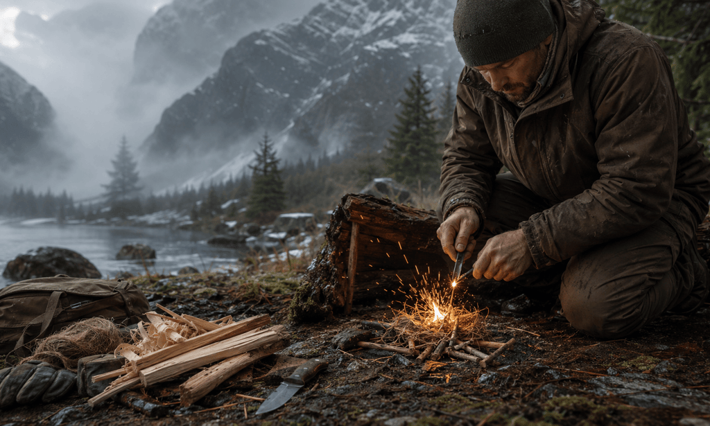 A man uses a ferro rod to start a campfire in a foggy mountain wilderness landscape.