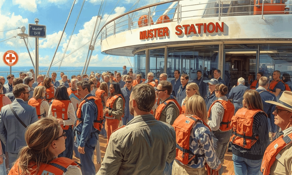 passageiros participando do muster drill a bordo de cruzeiro moderno
