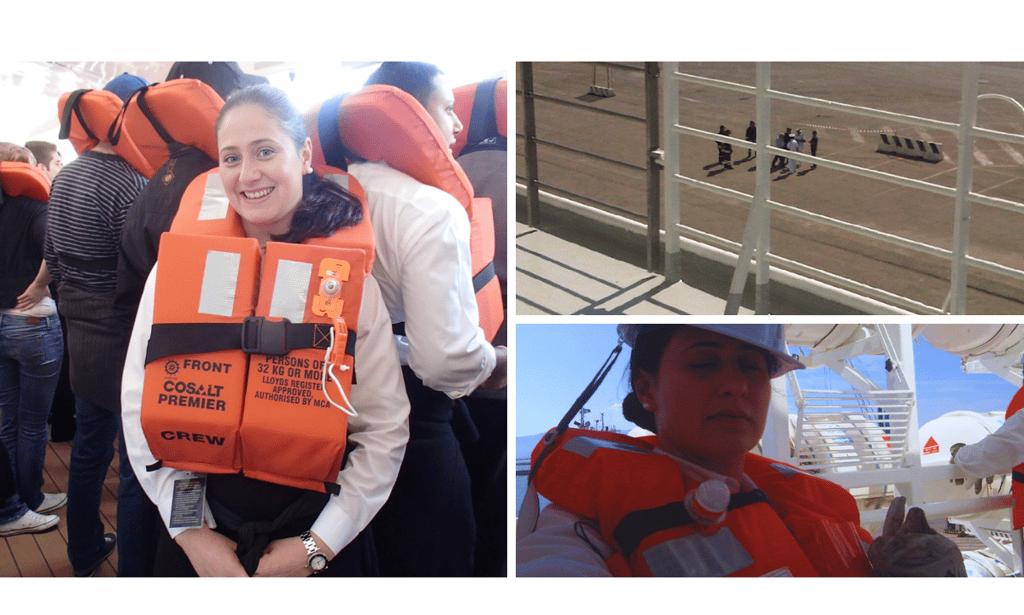 **Autora participando de um crew drill a bordo, treinando procedimentos de segurança e evacuação.**