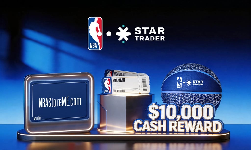 NBA and Star Trader partnership promotion featuring a $10,000 cash reward, basketball tickets, and store vouchers.