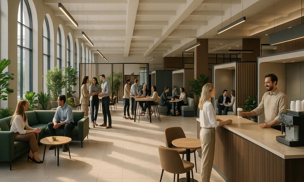 Espace de bureaux moderne et convivial illustrant la nouvelle vision du travail : un lieu de vie et 