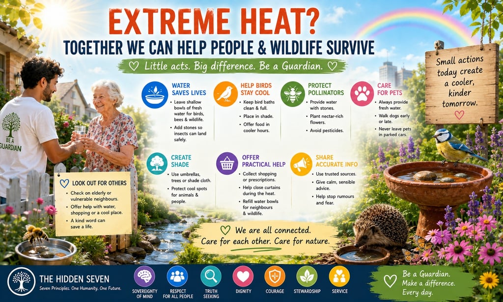 Extreme heat safety infographic with tips to help people, pets, birds, and wildlife stay cool.
