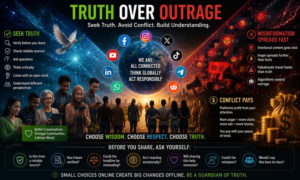 An infographic titled Truth Over Outrage showing diverse people using smartphones and tips to combat misinformation online.