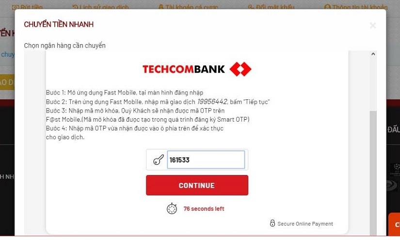 Minh họa gửi tiền nhập OTP bằng Techcombank