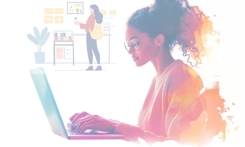 colourful image of a woman copywriting with a smaller image of a woman buying a product