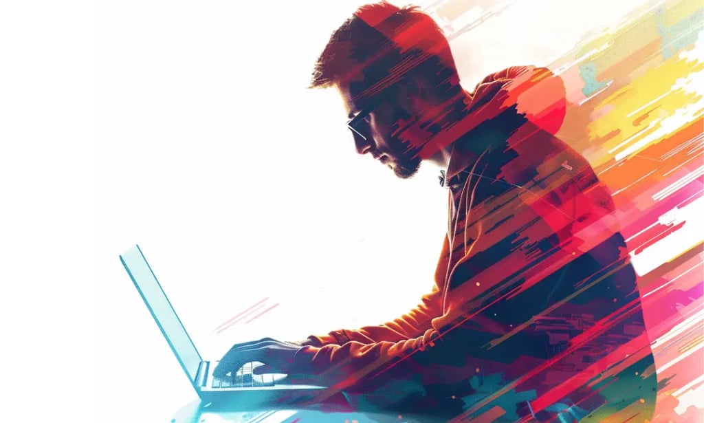 A man copywriting on a laptop in pink yellow orange blue and purple tones.