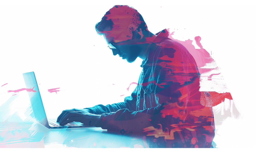 A man copywriting on a laptop in pink blue and purple tones.