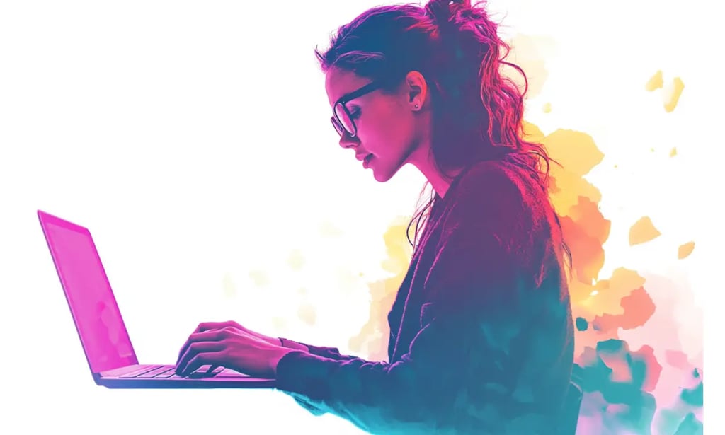 colourful image of a woman copywriting on a laptop