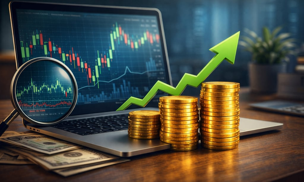 Gráfico de mercado em um notebook com pilhas de moedas e lupa, simbolizando investimentos.