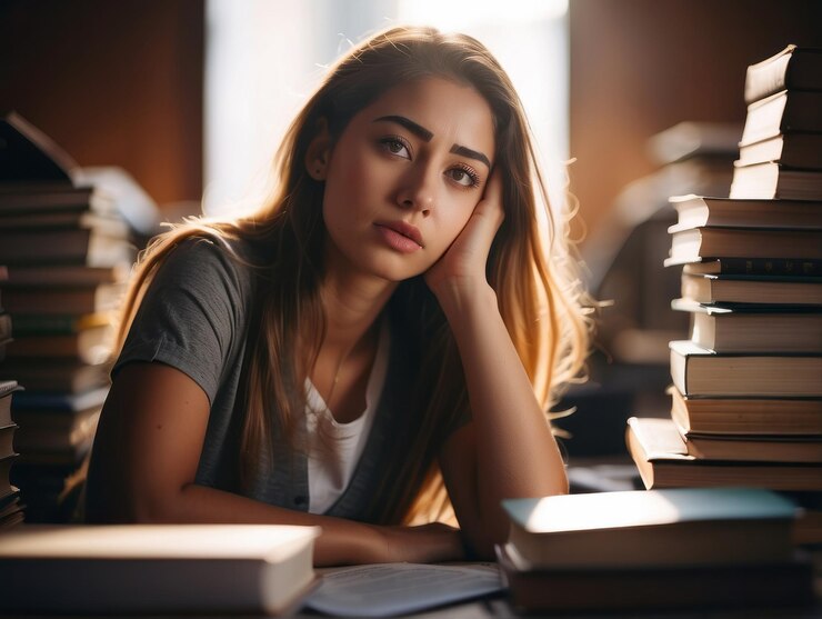 imagem representando  a geração Z . uma menina sentada cheia de livros ao seu redor . 