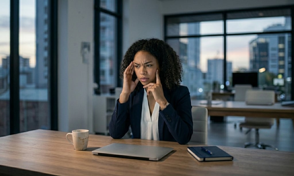 Stressed businesswoman with headache working late in a modern office desk setting.