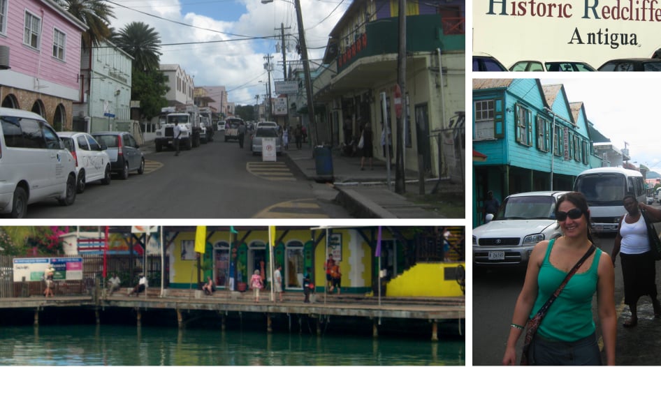 autora explorando o centro histórico de St. John’s em Antígua