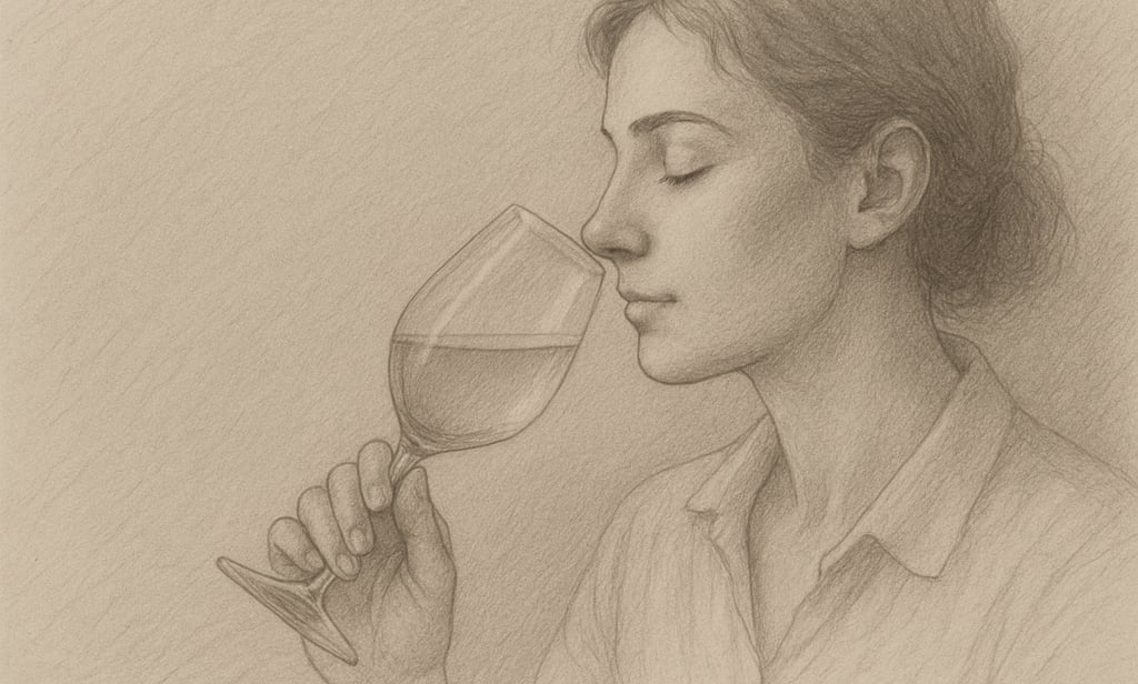 A sketch of a woman smelling a glass of wine, eyes closed, lost in thought – sensory, reflective