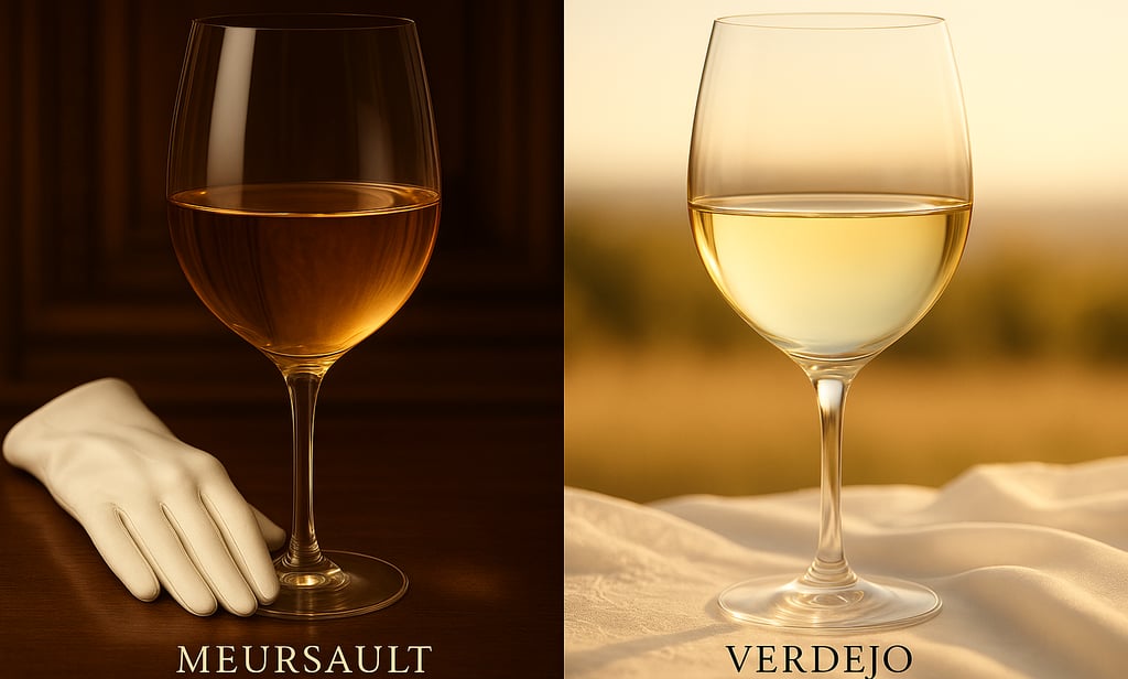 A glass of Meursault and a glass of verdejo sobre lias