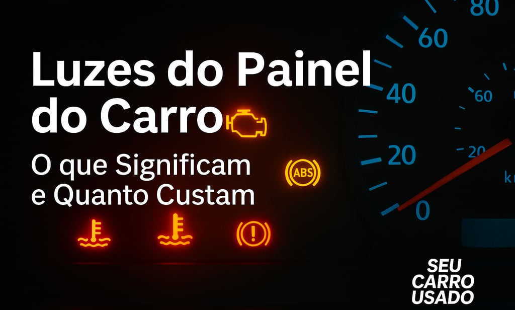 Painel de carro com luzes de advertência acesas e texto explicativo sobre seus significados e custos