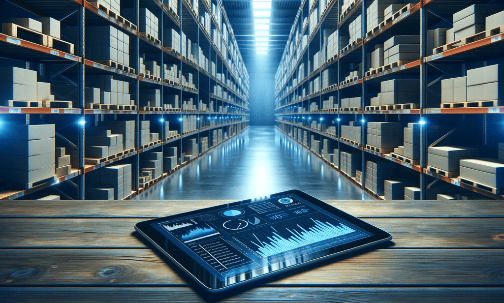 a tablet computer sitting on a table in a warehouse