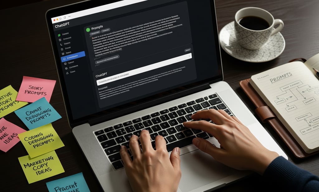 A person typing on a laptop with ChatGPT on screen, surrounded by notes and coffee.