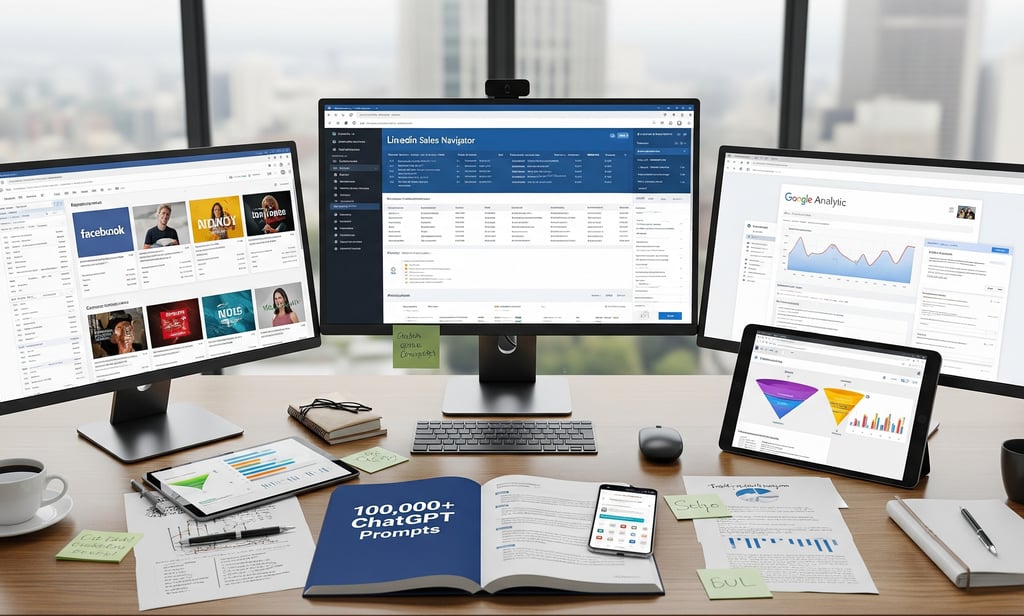 A modern biz workspace with multiple monitors displaying various dashboards and a book on the desk.
