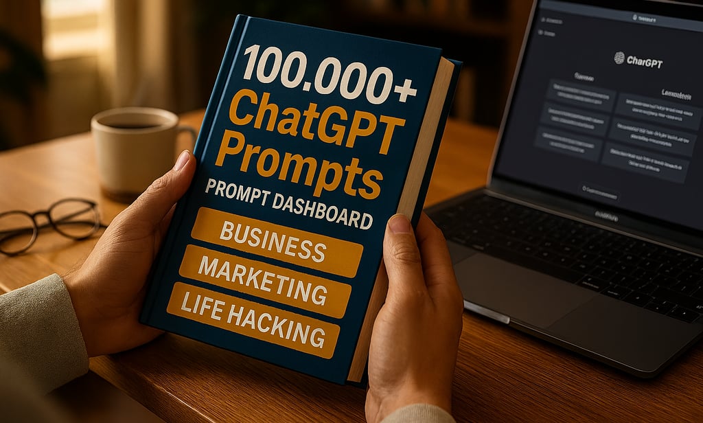 A person's hands holding a book titled "100,000+ ChatGPT Prompts" on a desk with a laptop.