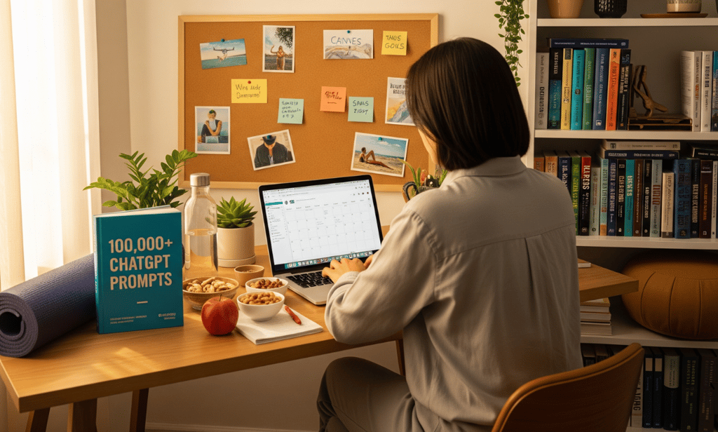 A home office setup showing a laptop, a book, a yoga mat, and healthy snacks.