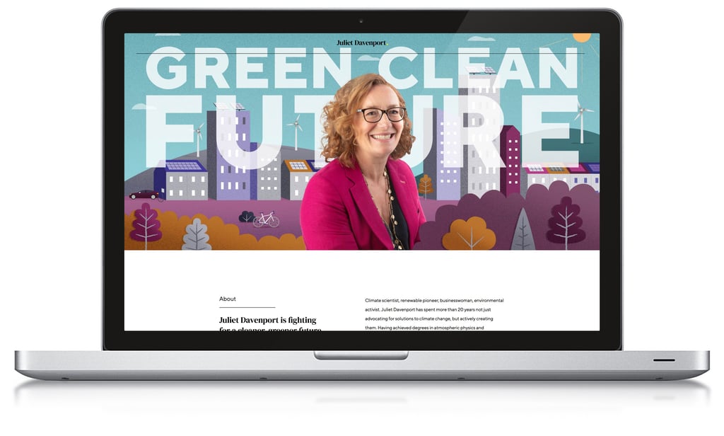 Web page with a woman sits in front of an illustrated scene of colourful a town on a laptop screen.