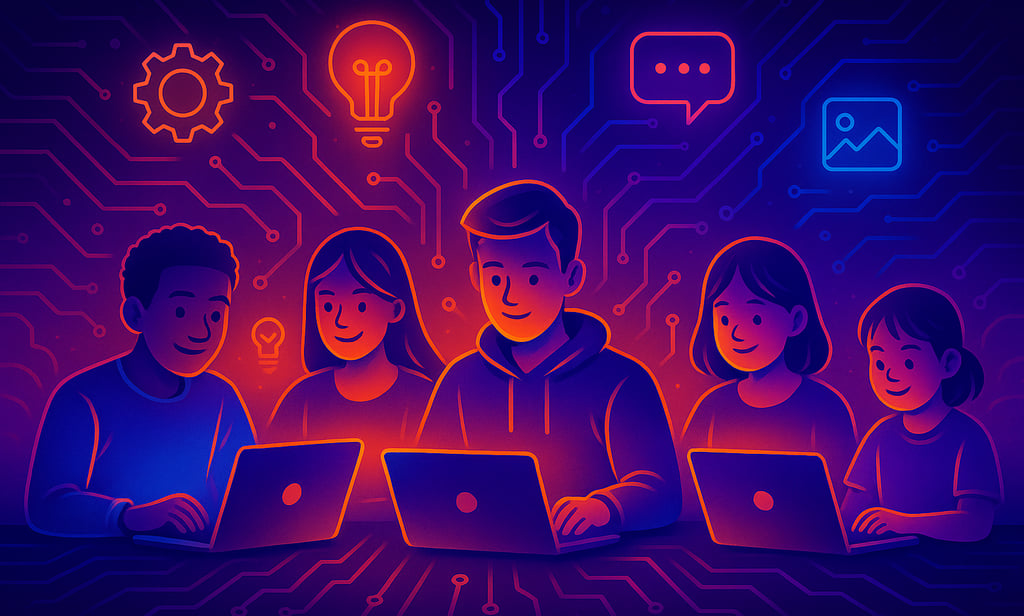 Futuristic glowing illustration of diverse students learning AI with laptops and glowing icons, conn