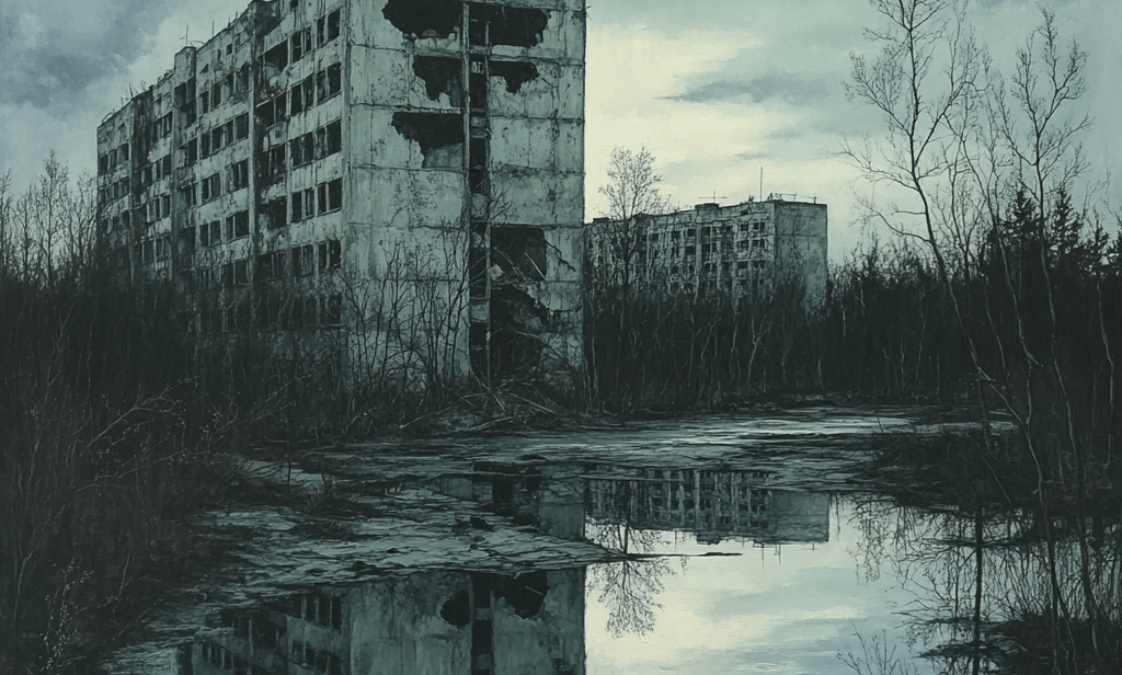 Paesaggio con edificio abbandonato in rovina. Pripryat, in Ucraina.