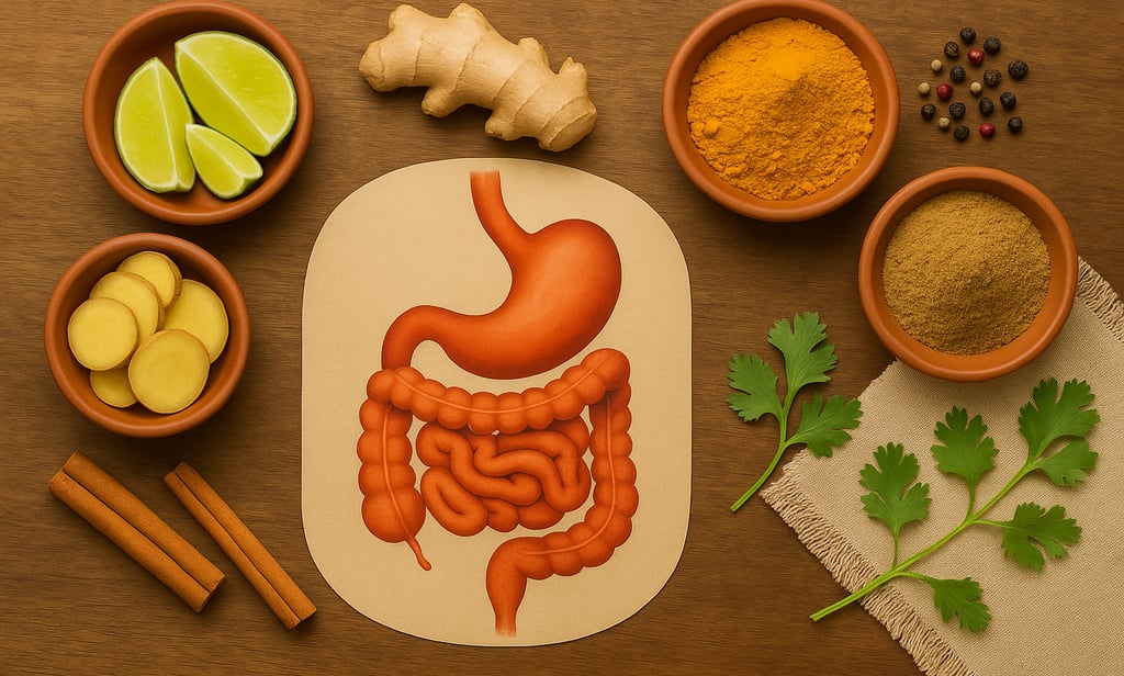 "Especias ayurvédicas como cúrcuma, jengibre, canela y cilantro sobre fondo de madera, utilizadas en el tratamiento natural d