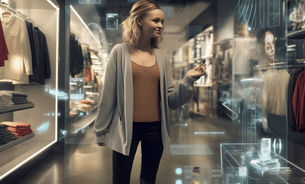 a woman standing in a store with a cell phone