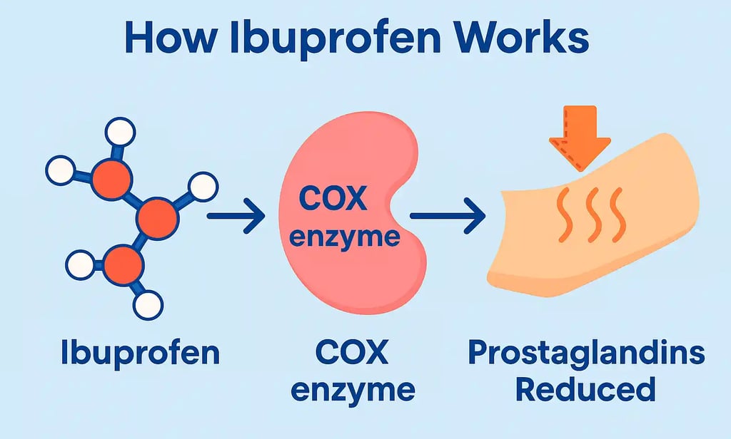 Flat infographic showing how ibuprofen reduces inflammation by blocking COX enzymes and prostaglandins.