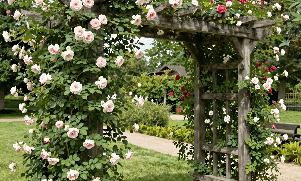 pergolas show how structure supports roses, grapes, climbers, and creates shade