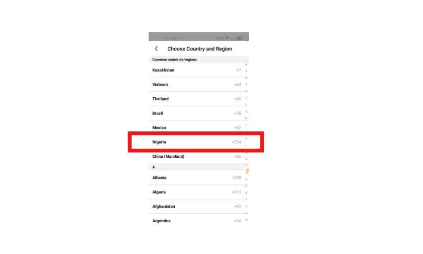 Mobile app screen showing a list of country codes with Nigeria and its +234 prefix highlighted