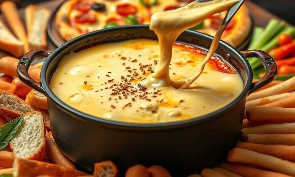 pizza fondue with bread sticks and a pizza