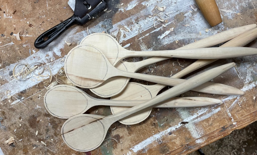 In progress hand-carved wooden spoons
