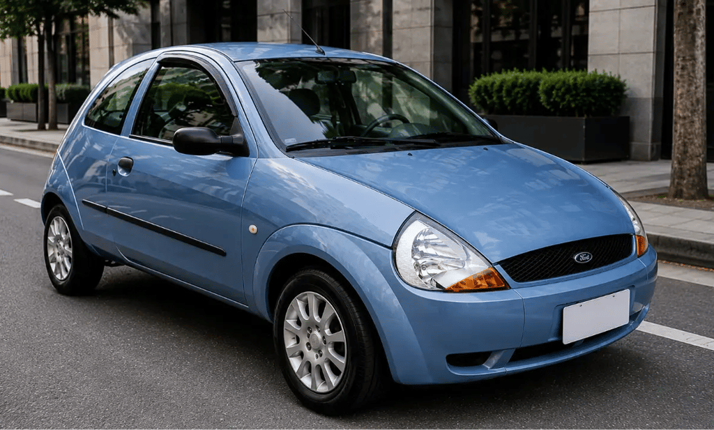 Ford Ka 2005 azul visto de frente em rua urbana com visual impecável