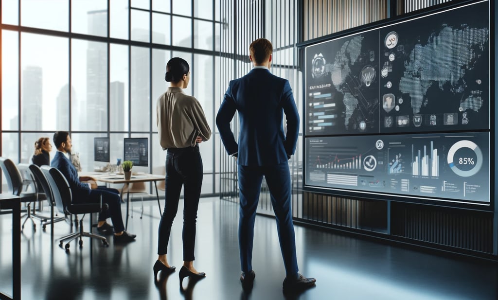 a man and woman in business attire standing in front of a large screen